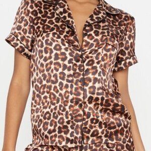 PRETTYLITTLETHING LEOPARD BUTTON UP SATIN PJ Top